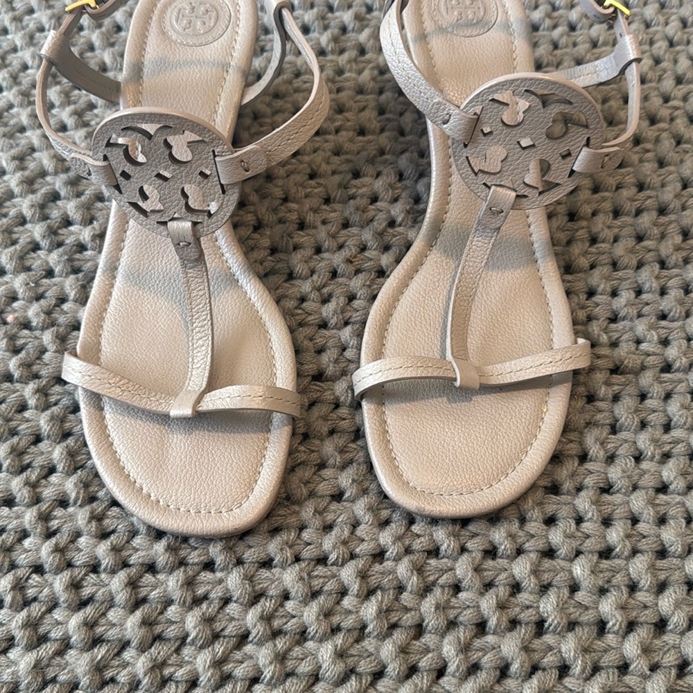 Tory Burch Cream T-Strap Sandals with Medallion